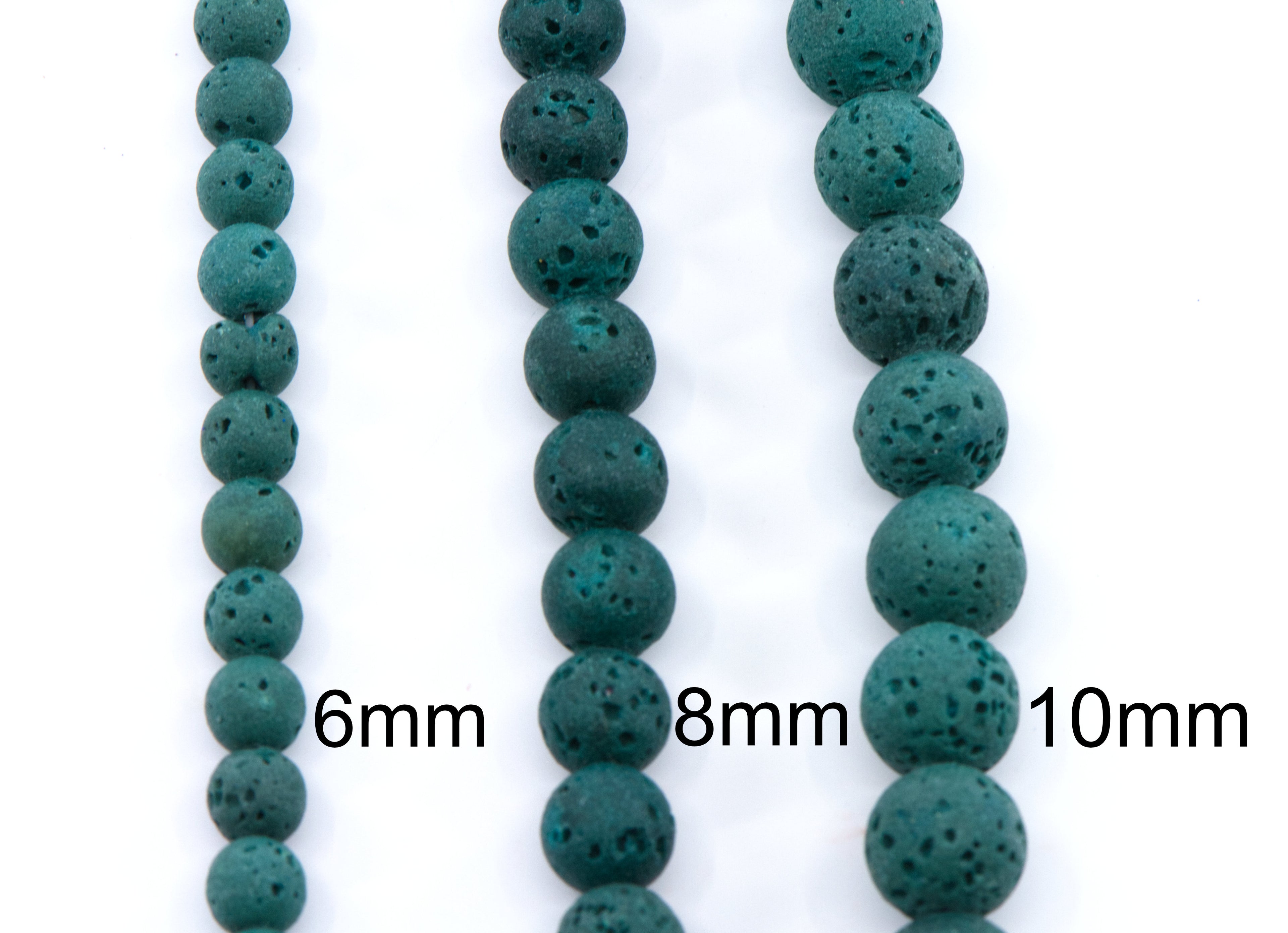 Three strands of dark green porous lava stone beads shown in 6mm, 8mm, and 10mm sizes against a white background.
