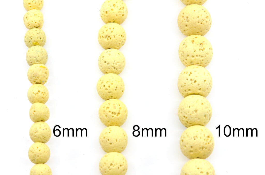 Three strands of pale yellow porous lava stone beads shown in different sizes with black text labels reading 6mm, 8mm, and 10mm on a white background.