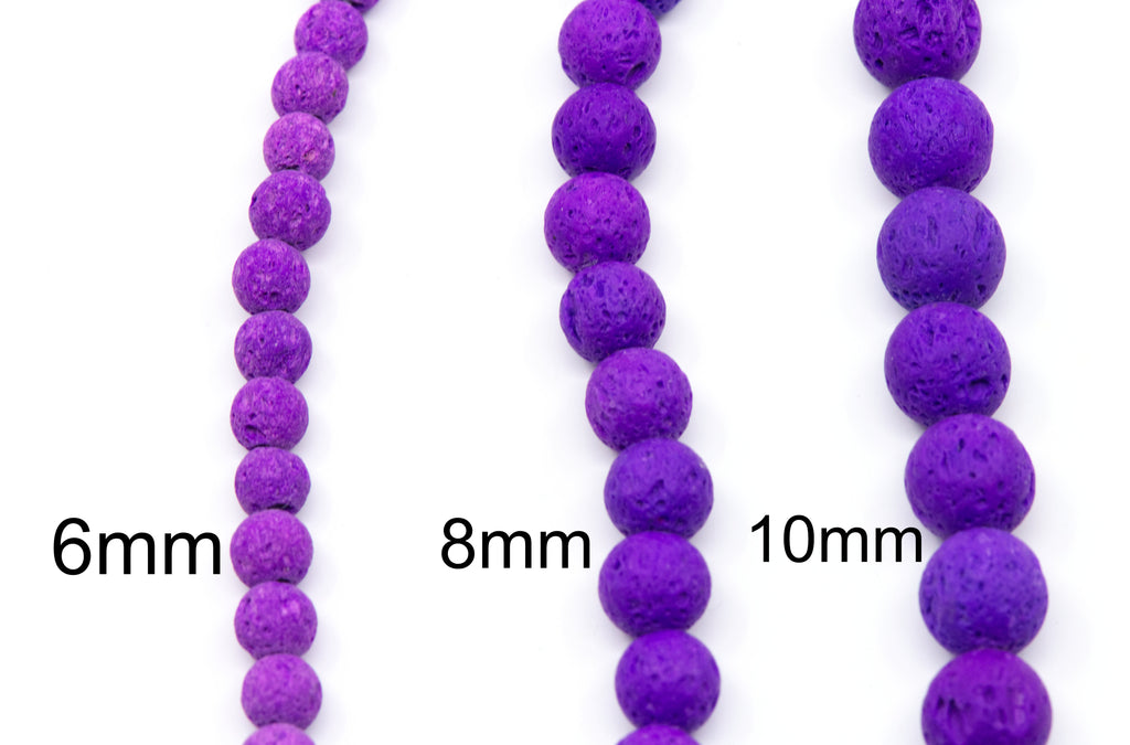 Three strands of textured purple lava stone beads shown in 6mm, 8mm, and 10mm sizes on a white background.