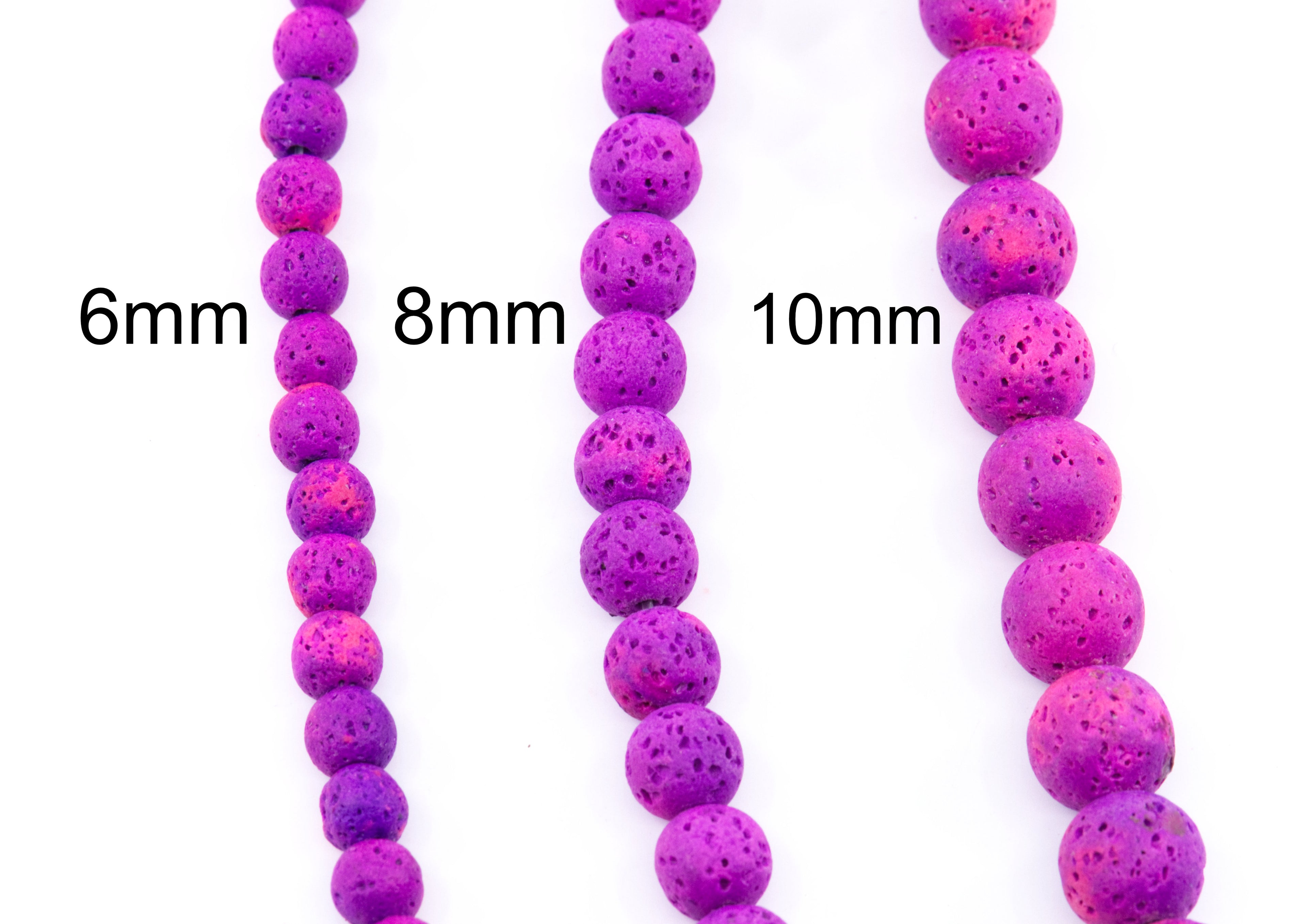 Three strands of purple and pink lava stone beads shown in 6mm, 8mm, and 10mm sizes on a white background with size labels.