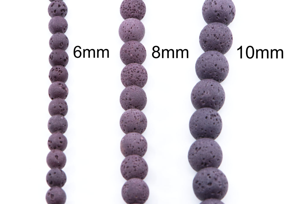 Three strands of dark purple porous lava stone beads shown in 6mm, 8mm, and 10mm lengths on a white background.