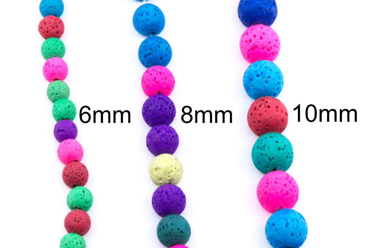 Three strands of porous lava stone beads in different sizes, labeled 6mm, 8mm, and 10mm, on a white background.