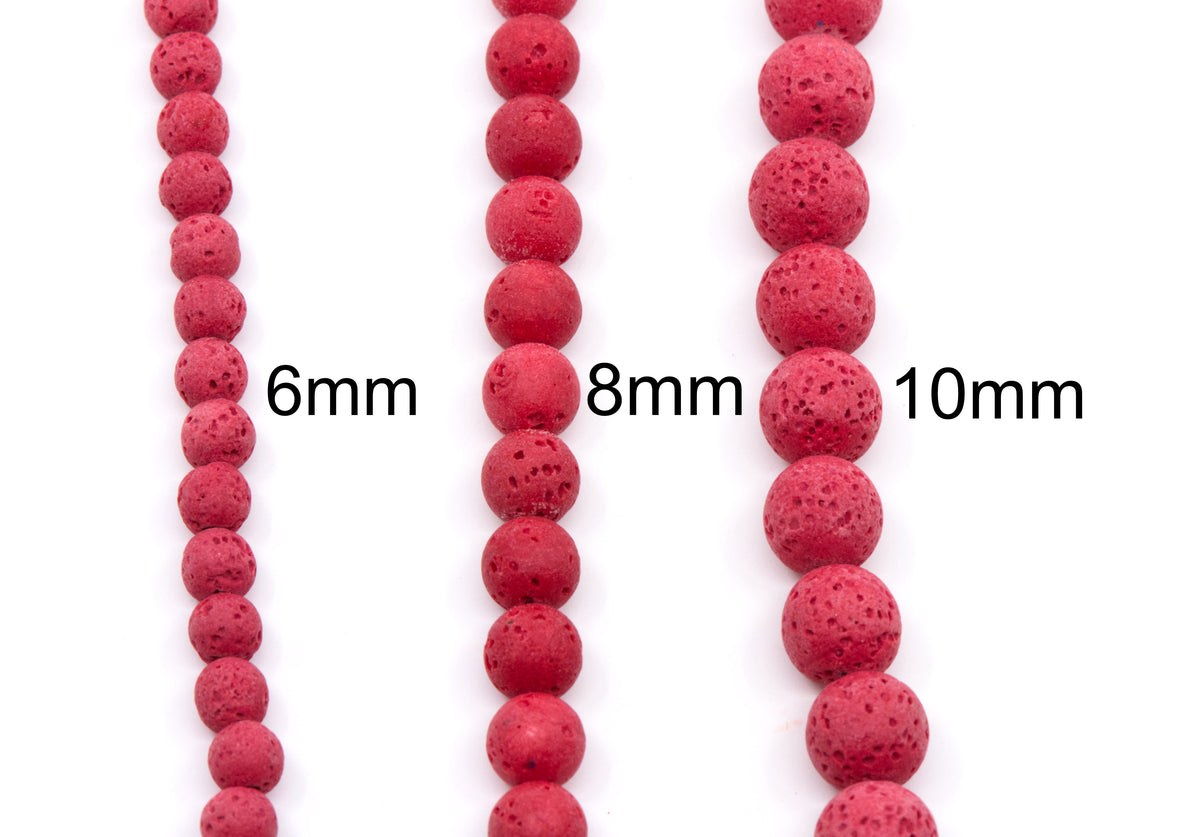 Three strands of red porous lava stone beads shown in 6mm, 8mm, and 10mm sizes on a white background with size labels.