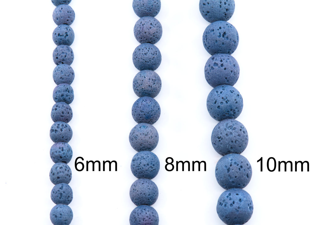 Three strands of blue lava stone beads shown in different sizes with size labels reading 6mm, 8mm, and 10mm on a white background.