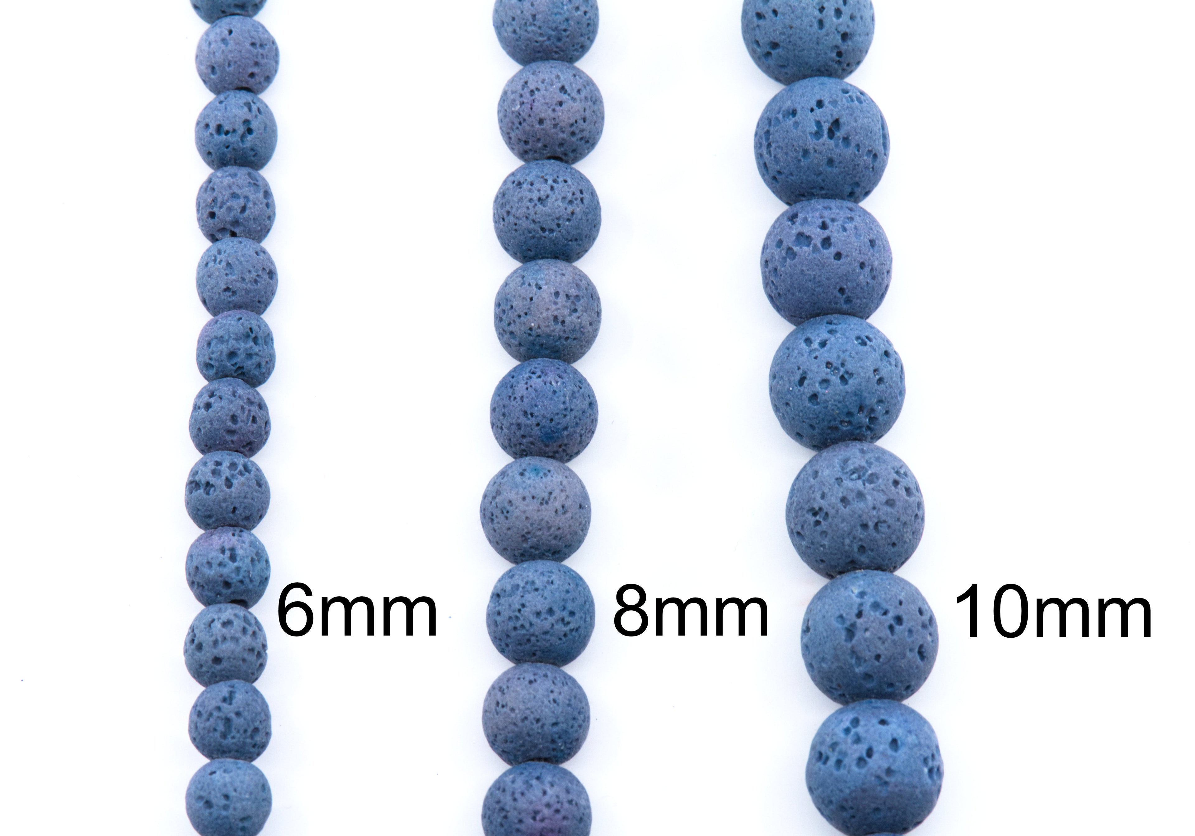 Three strands of blue lava stone beads shown in different sizes with size labels reading 6mm, 8mm, and 10mm on a white background.