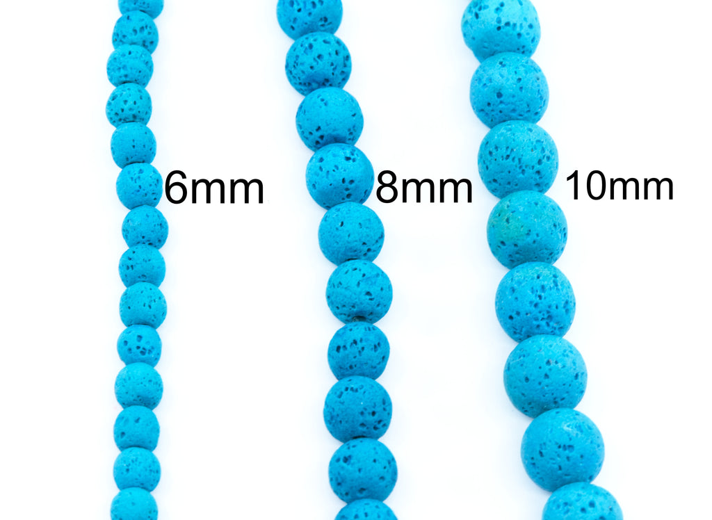 Three strands of bright  blue speckled round lava  beads shown vertically on a white background, labeled 6mm, 8mm, and 10mm to indicate bead size.