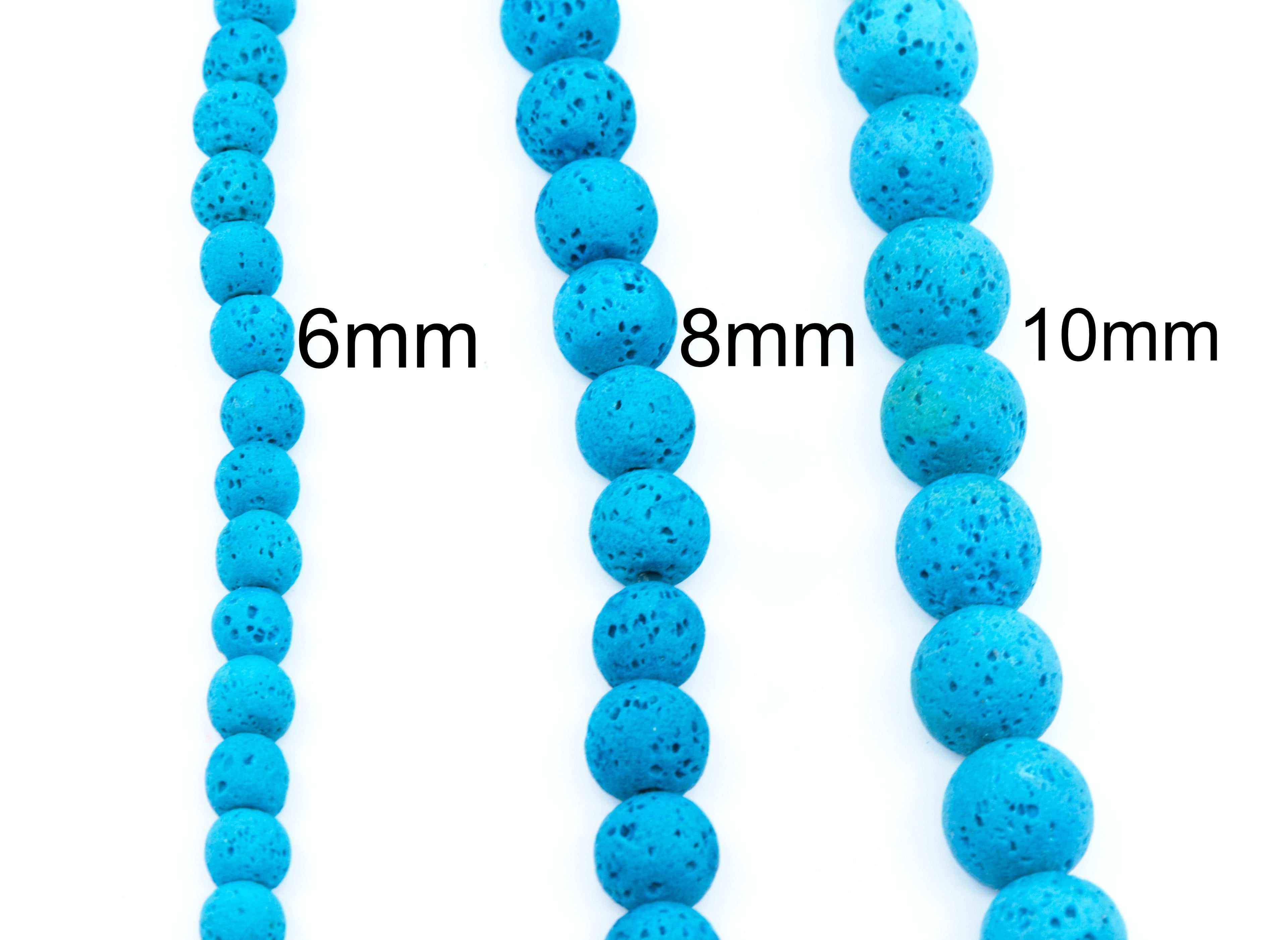 Three strands of bright  blue speckled round lava  beads shown vertically on a white background, labeled 6mm, 8mm, and 10mm to indicate bead size.