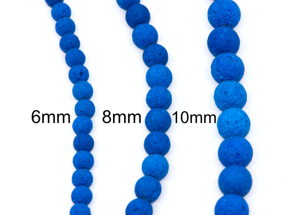 Three strands of textured blue round beads shown on a white background, labeled with sizes 6mm, 8mm, and 10mm.
