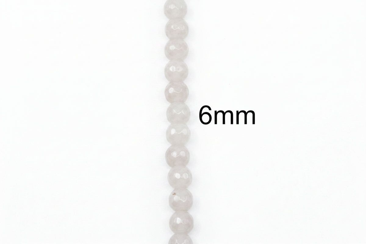 A single strand of faceted light gray faceted agate beads shown vertically on a white background, with the text '6mm' printed beside it to indicate bead size.