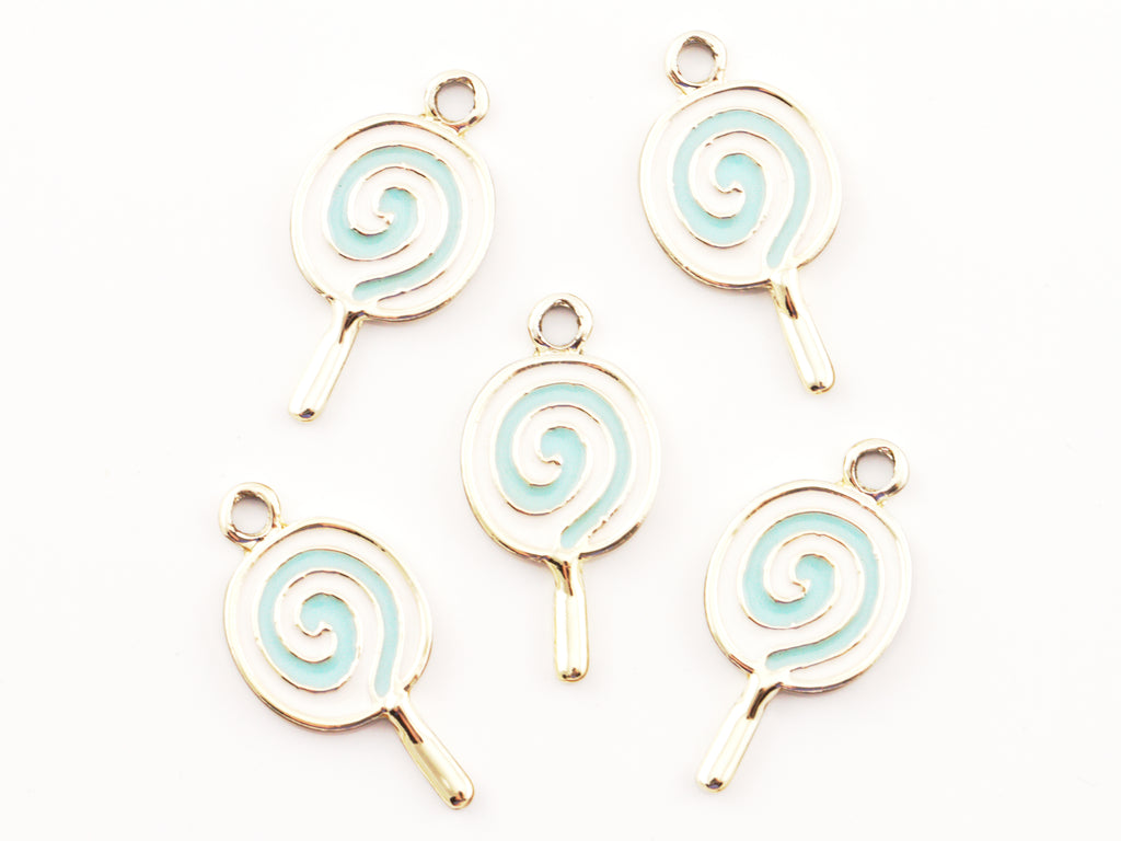 Five  lollipop charms with light blue enamel swirls, arranged on a plain white background.