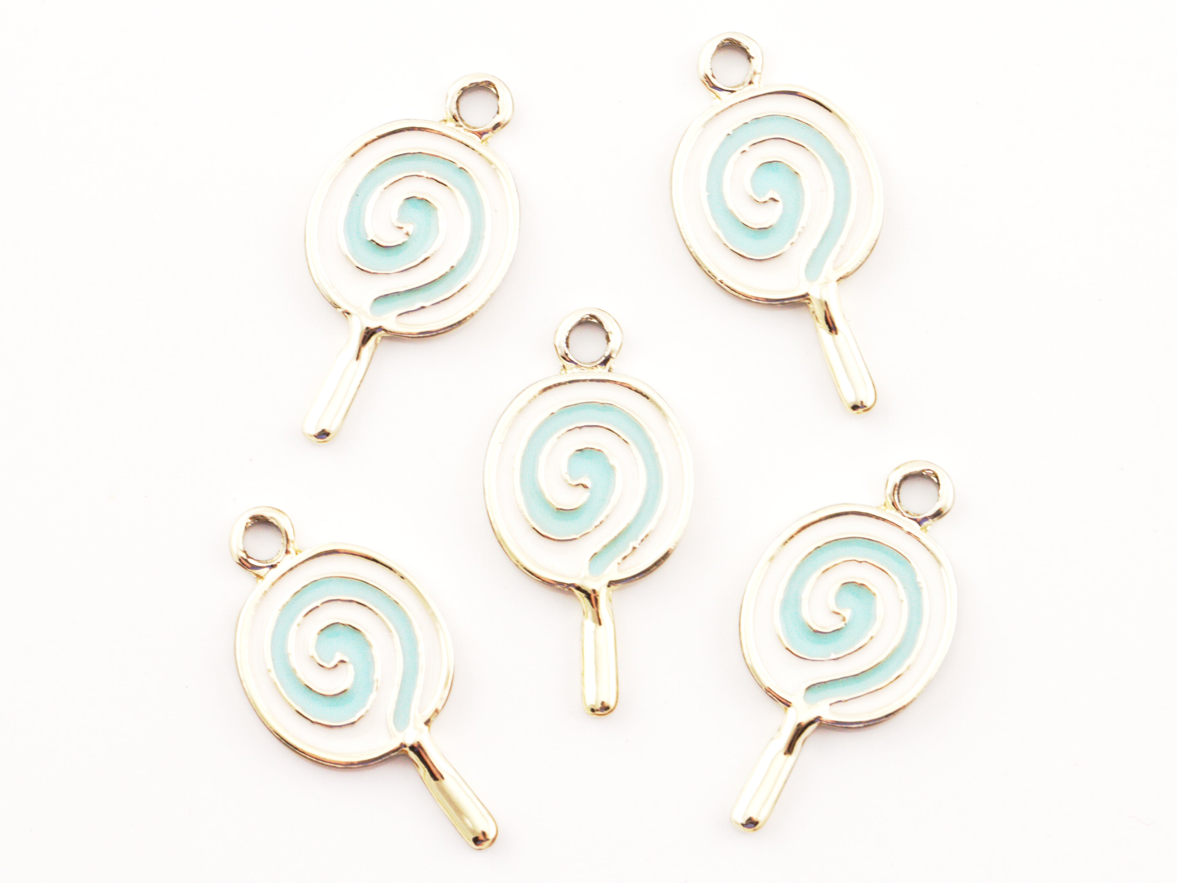 Five  lollipop charms with light blue enamel swirls, arranged on a plain white background.