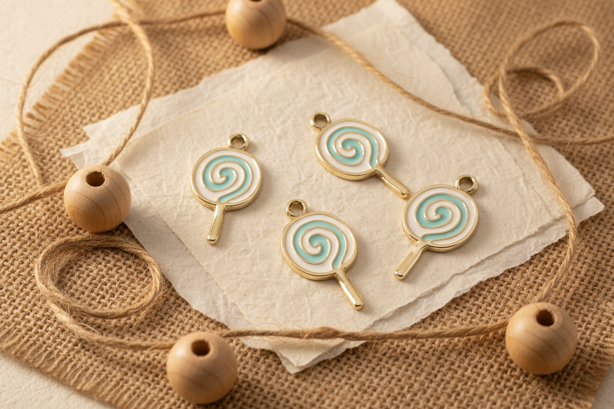 Four lollipop-shaped charms with gold-tone metal edges and blueswirl centers, arranged on a piece of cream paper over burlap with wooden beads and twine.