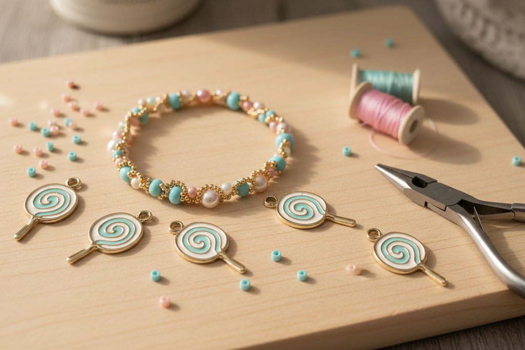 A handmade beaded bracelet and five lollipop charms with blue and white swirls are arranged on a light wood board with pliers, thread, and small beads.