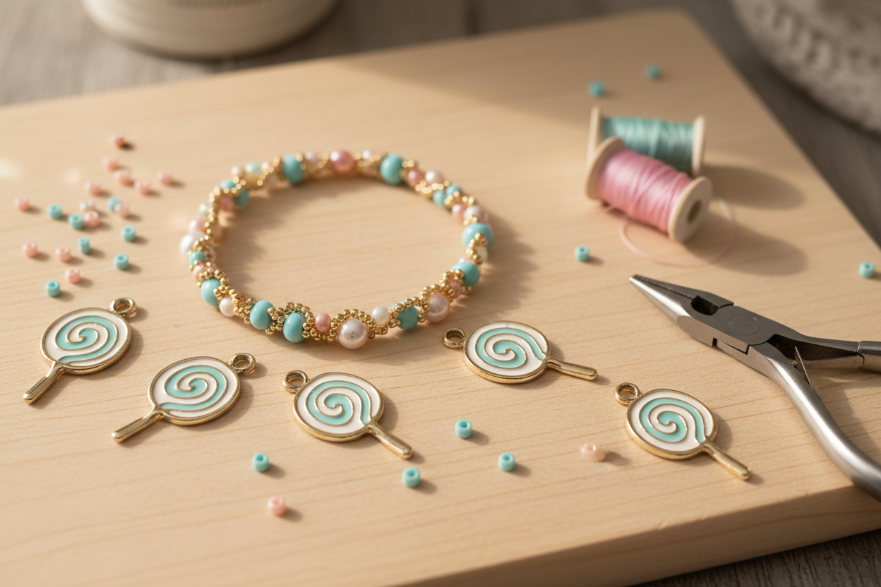 A handmade beaded bracelet and five lollipop charms with blue and white swirls are arranged on a light wood board with pliers, thread, and small beads.