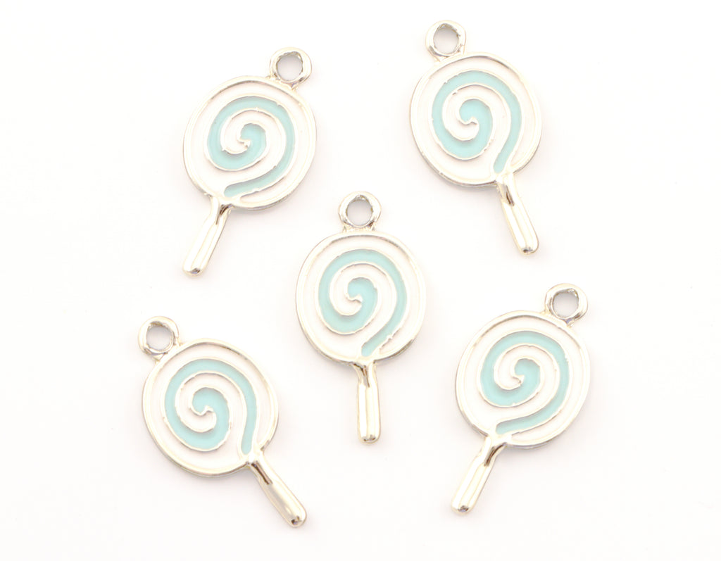 Five  lollipop charms with light blue enamel swirls, arranged on a plain white background.