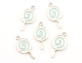 Five  lollipop charms with light blue enamel swirls, arranged on a plain white background.