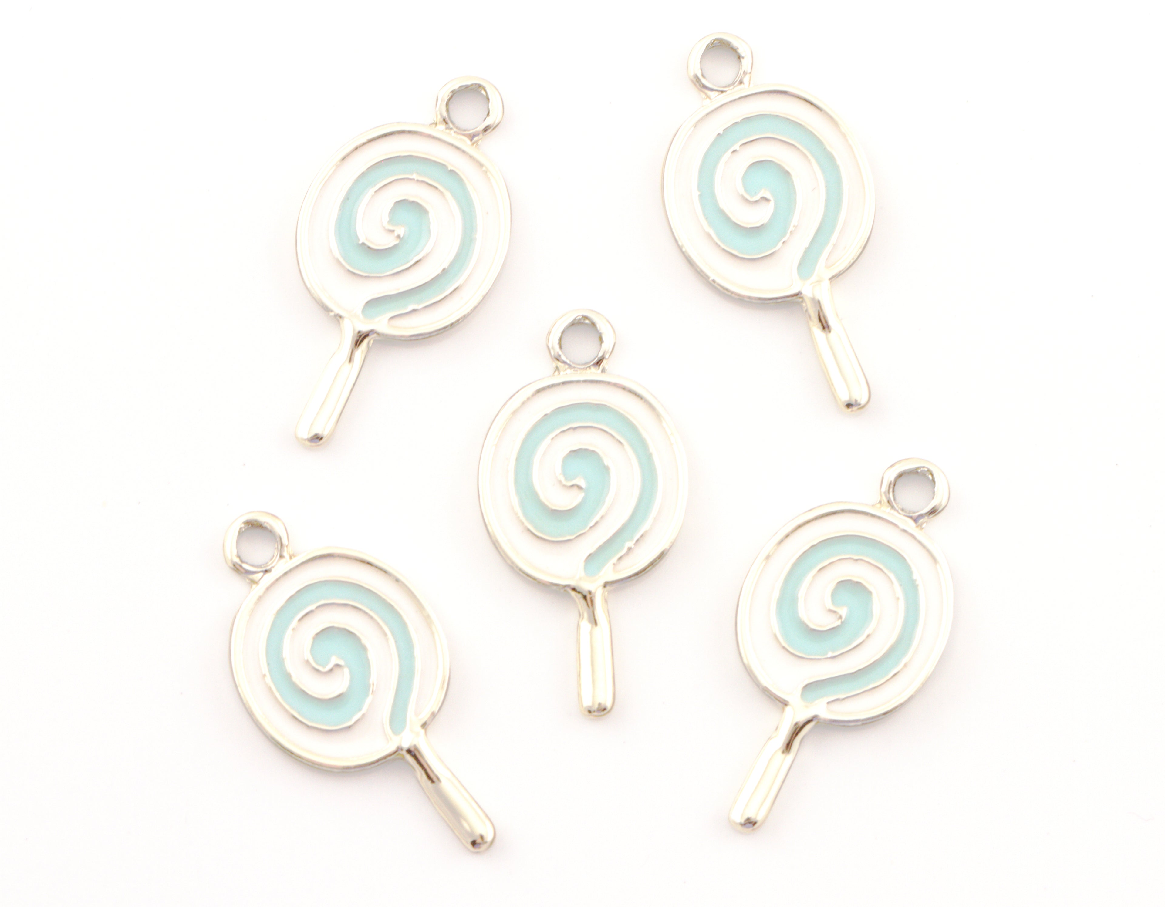 Five  lollipop charms with light blue enamel swirls, arranged on a plain white background.