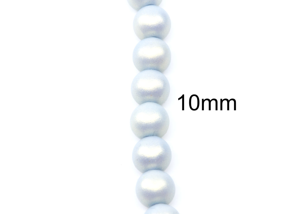 a singe strand of shimmery blue acrylic beads shown next to the text 10mm to indicate size on a white background 