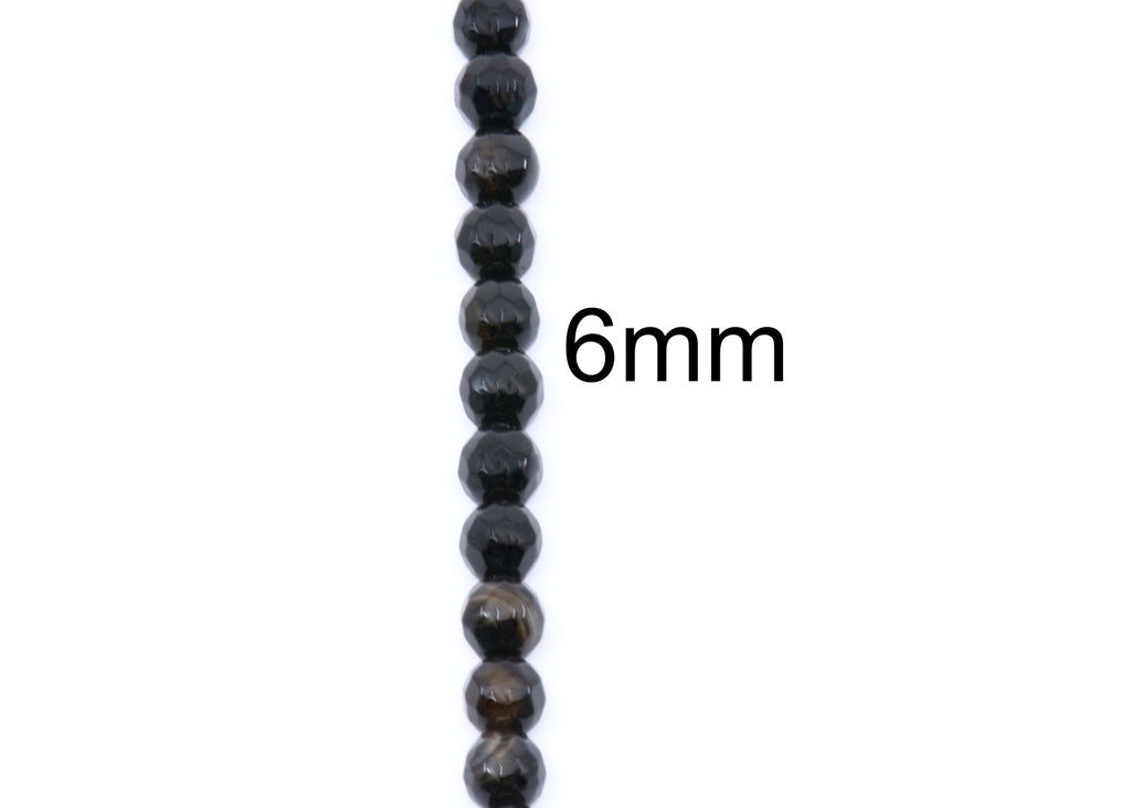A single strand of round faceted black agate beads, each approximately 6mm in diameter, shown vertically on a plain white background with '6mm' text overlay.