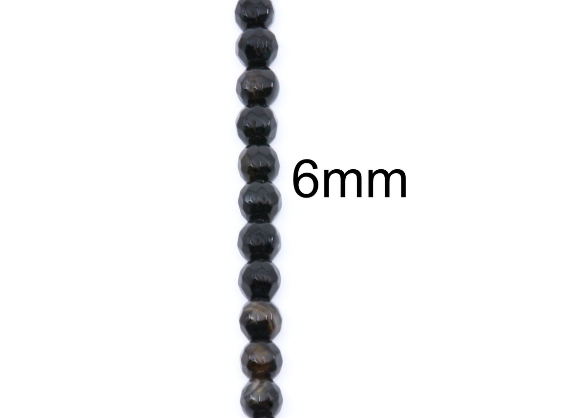 A single strand of round faceted black agate beads, each approximately 6mm in diameter, shown vertically on a plain white background with '6mm' text overlay.