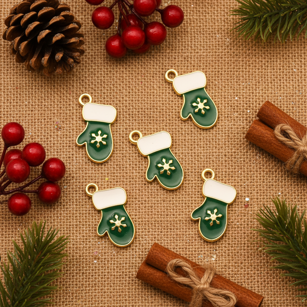 Five green Christmas mitten charms with gold trim and white cuff details are arranged on a burlap surface with holiday props including pine branches, red berries, a pinecone, and cinnamon sticks.