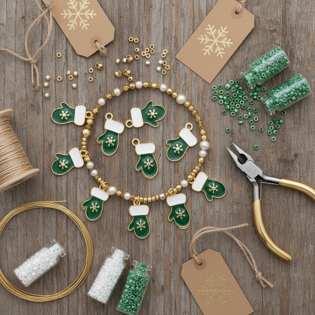 A flat-lay of Christmas stocking beaded jewelry components on a rustic wooden background, including green and white stocking charms, white pearls, green seed beads, wire, pliers, and small gift tags with snowflake designs.