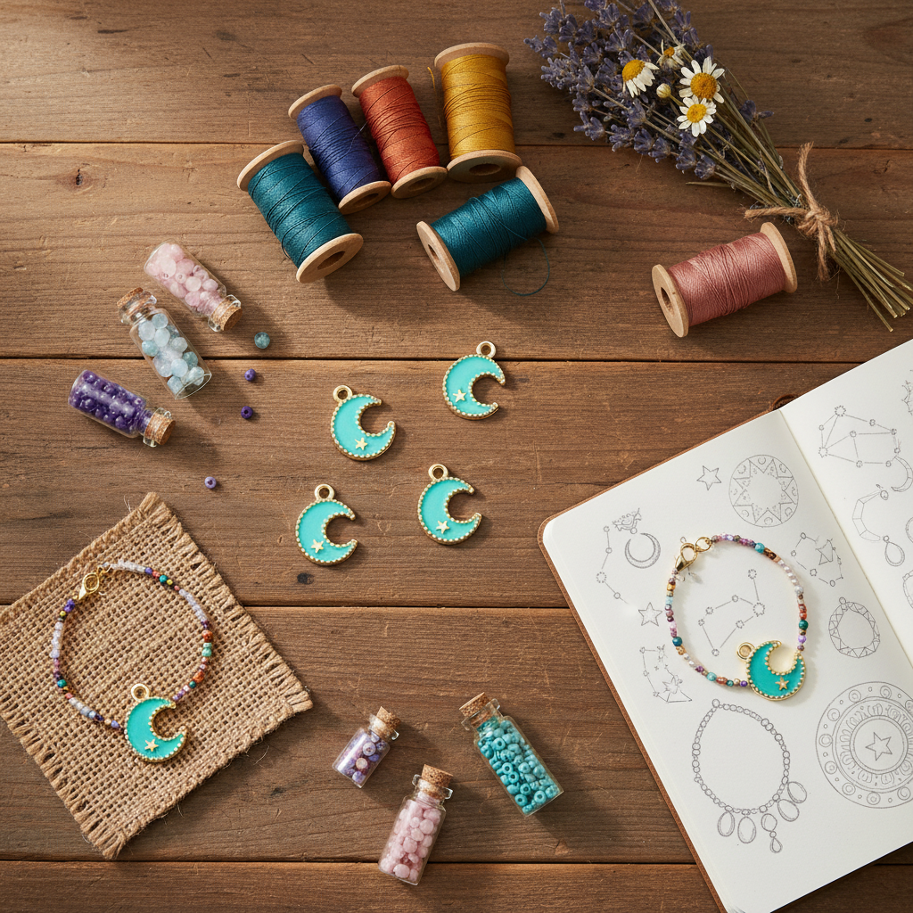 A styled flat-lay of handmade jewelry components and cords on a rustic wooden table, featuring turquoise crescent moon charms, colorful spools of thread, small glass bead vials, a beaded bracelet, and a matching bracelet displayed on an open sketchbook.