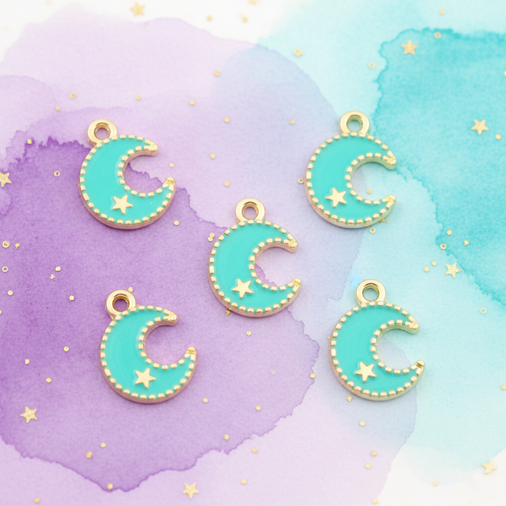 Five turquoise crescent moon charms with gold star details and gold-tone borders, arranged on a pastel watercolor background with gold star accents.