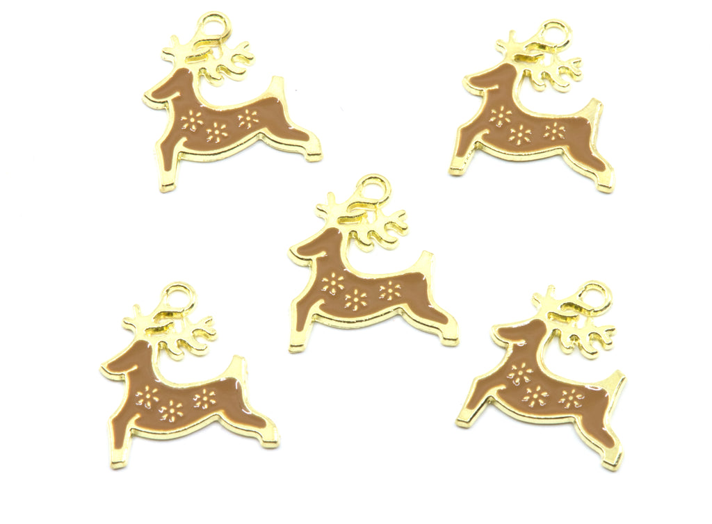 Five small gold-toned Christmas reindeer charms with brown enamel bodies and  snowflake details, arranged on a plain white background.