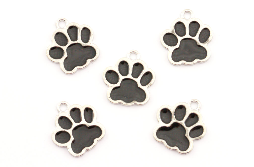 Five silver paw print charms with black enamel pads, arranged on a plain white background.