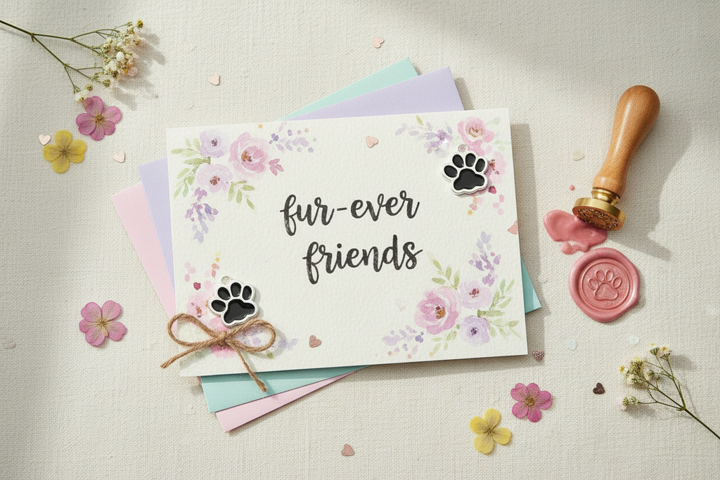 A flat-lay of a white card with watercolor floral designs and the phrase 'fur-ever friends' in black script, tied with twine and placed on pastel envelopes. A wooden-handled stamp and pink wax seal with a paw print are nearby on a light fabric background with small flowers scattered around.