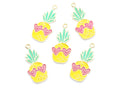 Five pineapple-shaped charms with yellow bodies, mint green leaves, and pink heart-shaped sunglasses, arranged on a plain white background.