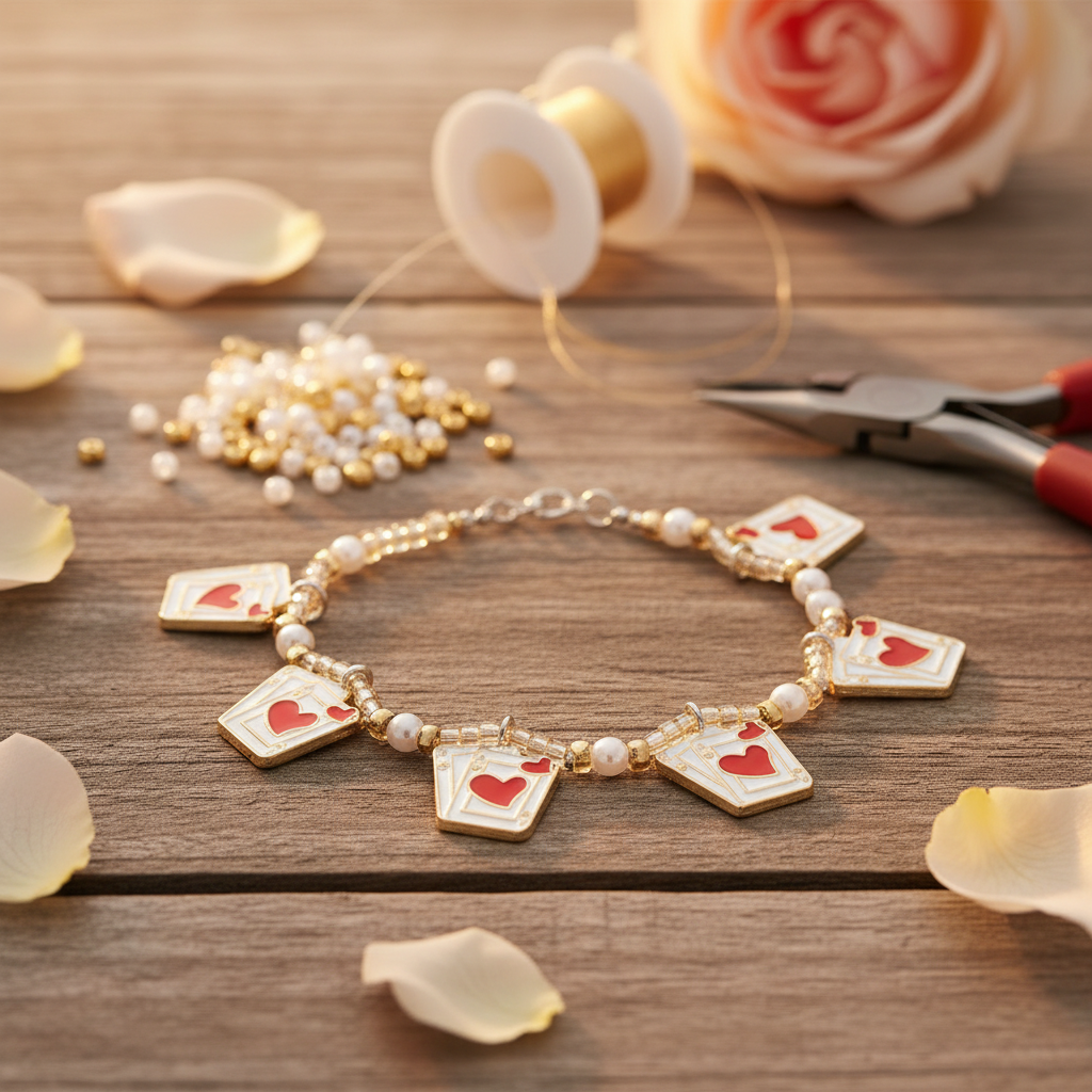A beaded bracelet with five white playing-card-shaped charms featuring red hearts, displayed on a rustic wooden surface with craft supplies like beads, a spool of thread, and rose petals.