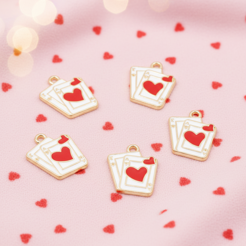 Five playing card charms with red hearts and gold-tone edges, arranged on a pink background with scattered red hearts and soft lights.