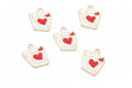 Five white and red playing card charms with red hearts, arranged on a white background. 