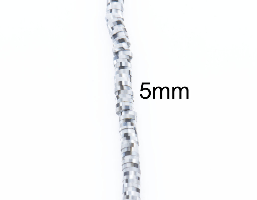 A close-up of a polymer clay beads in a gray and white pixel design shown vertically on a white background, with the text '5mm' overlaid to indicate the size. 