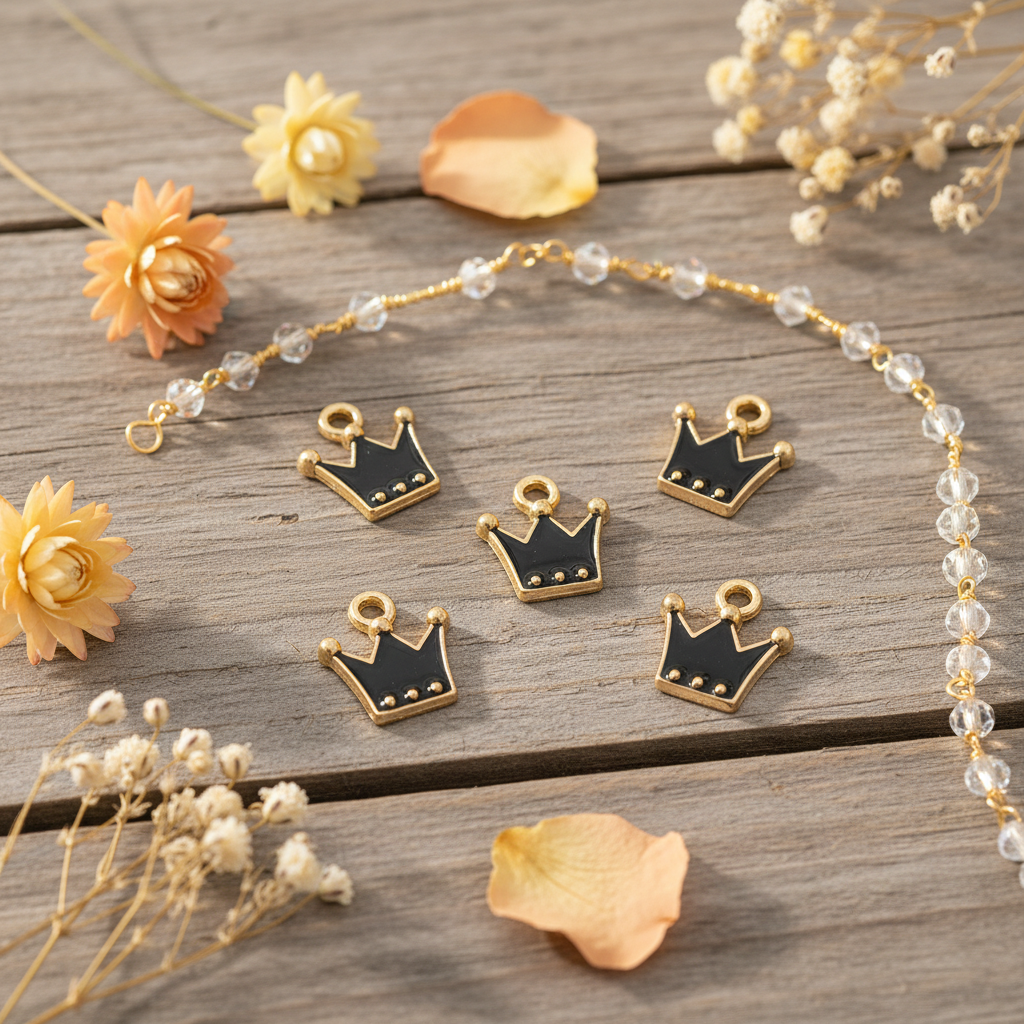 Five black crown-shaped jewelry charms  are arranged on a rustic wooden surface, connected by a delicate gold and clear bead chain. The scene is styled with dried flowers and petals.