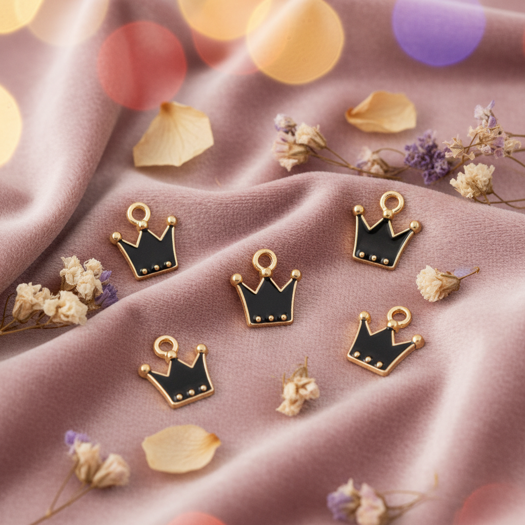five black crown charms shown on a light pink fabric with flower petals placed around them 