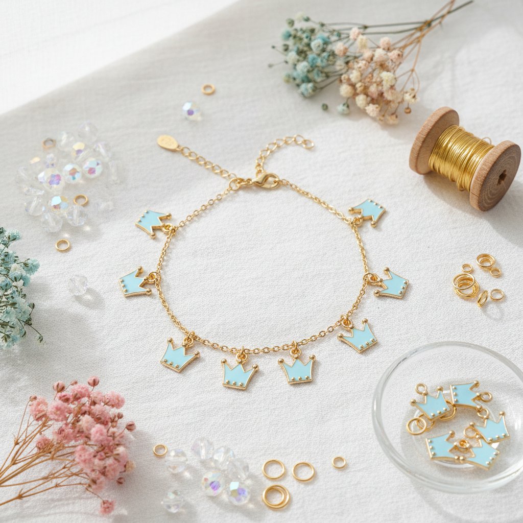 A gold chain bracelet with multiple small crown charms filled with light blue enamel, arranged on a white fabric surface with dried flowers, jewelry findings, and a spool of gold wire.