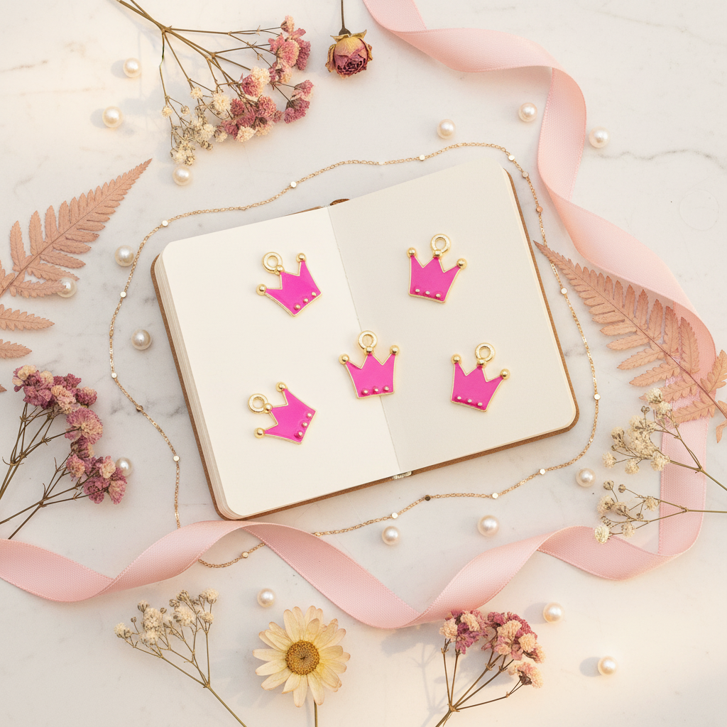 Four bright pink crown-shaped enamel charms are arranged on an open cream notebook, surrounded by dried flowers, pearl-like beads, and a pale pink ribbon on a light marble surface.