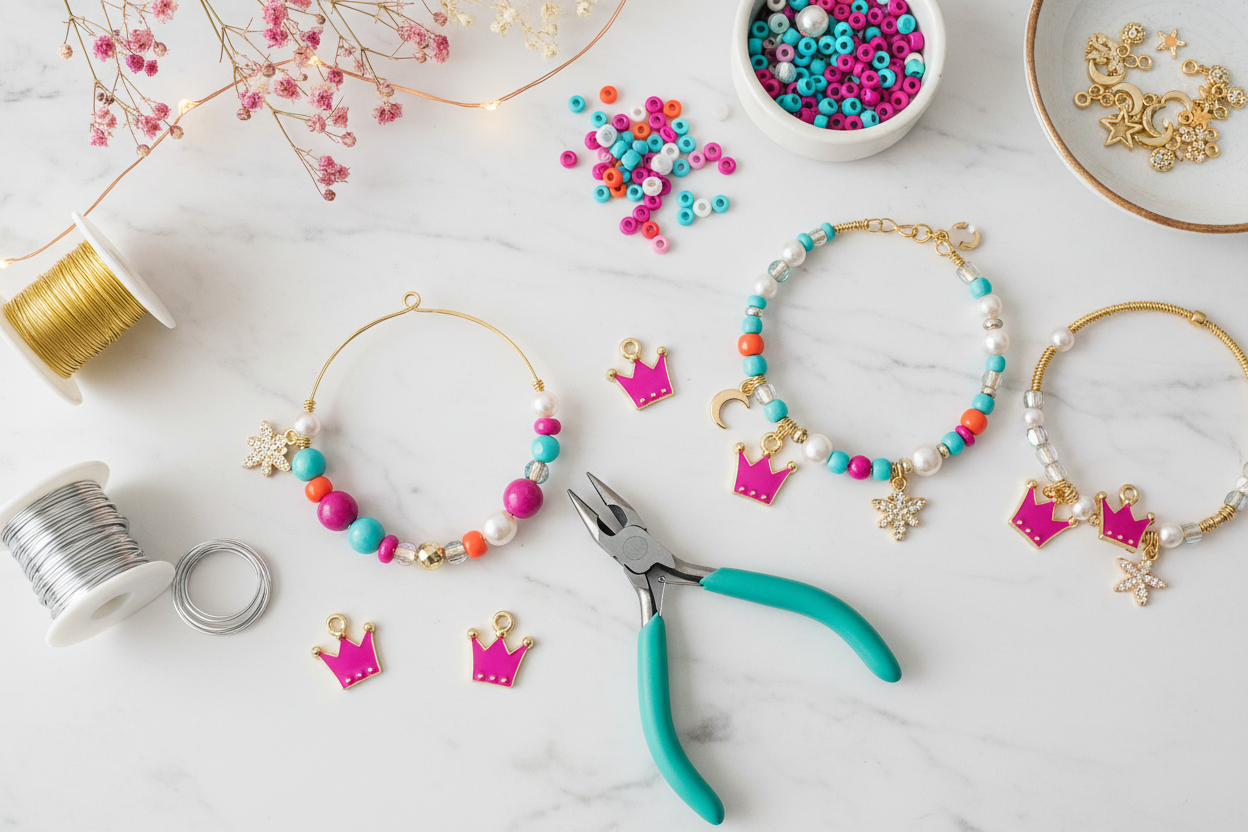A styled flat-lay of jewelry-making supplies on a white marble surface, including four gold hoop bracelets with colorful beads, pink crown charms, star charms, spools of wire, beads, and teal-handled pliers.