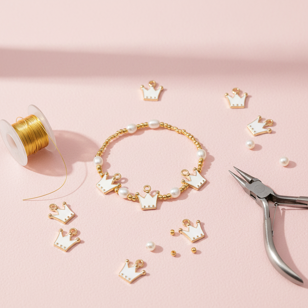 A gold-plated bracelet with white pearl-like beads and crown charms is displayed on a soft pink background, surrounded by loose crown charms, a spool of gold wire, and pliers.