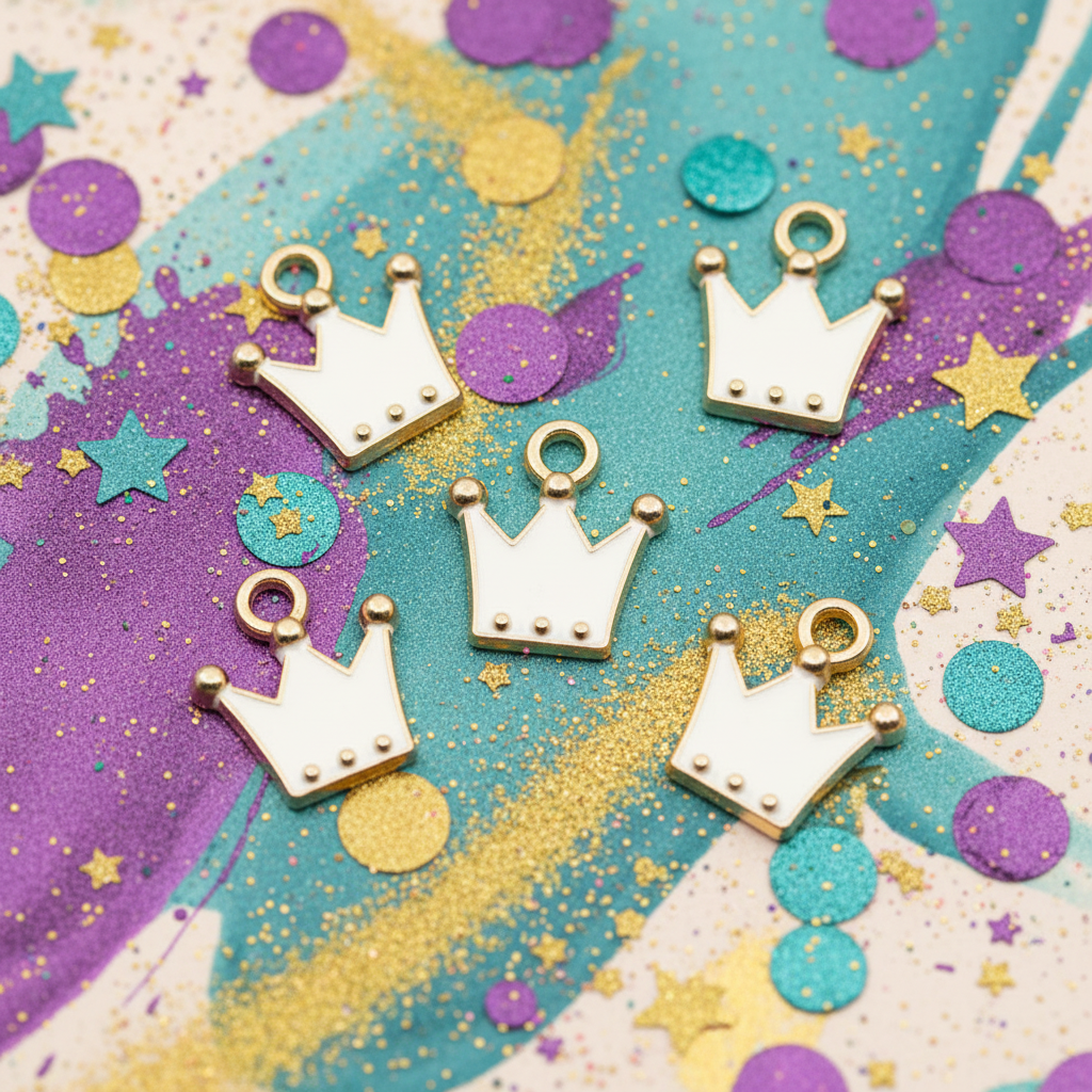Five white crown-shaped jewelry charms with gold-tone loops and studs, arranged on a colorful glittery background with purple, teal, and gold confetti.