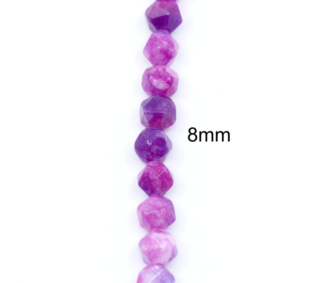 A single strand of faceted purple diamond cut gemstone beads shown vertically on a white background, with the text '8mm' indicating the bead size.