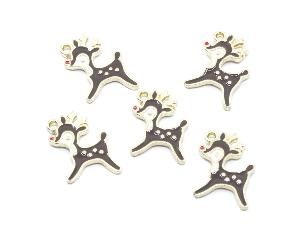 Five Christmas reindeer charms with gold-tone metal outlines and dark brown enamel fillings,  featuring a tiny red nose accent, arranged on a plain white background.