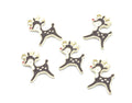 Five Christmas reindeer charms with gold-tone metal outlines and dark brown enamel fillings,  featuring a tiny red nose accent, arranged on a plain white background.