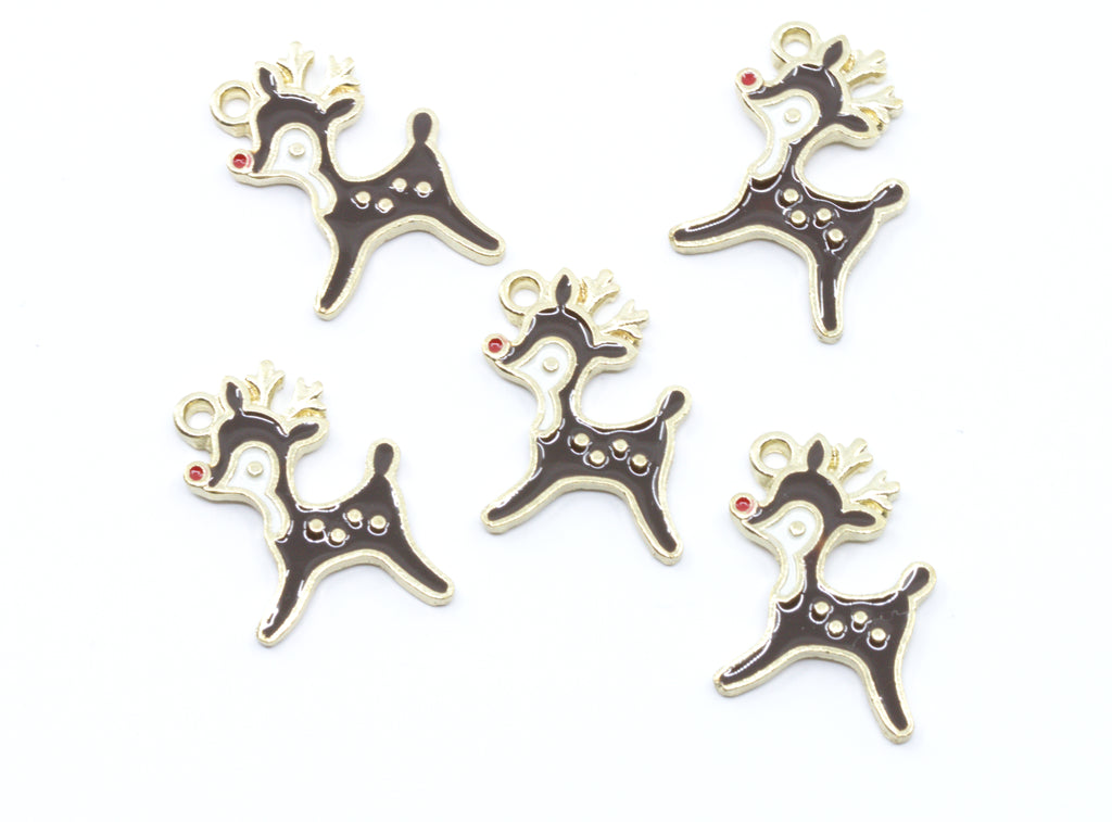 Five Christmas reindeer charms with gold-tone metal outlines and dark brown enamel fillings,  featuring a tiny red nose accent, arranged on a plain white background.