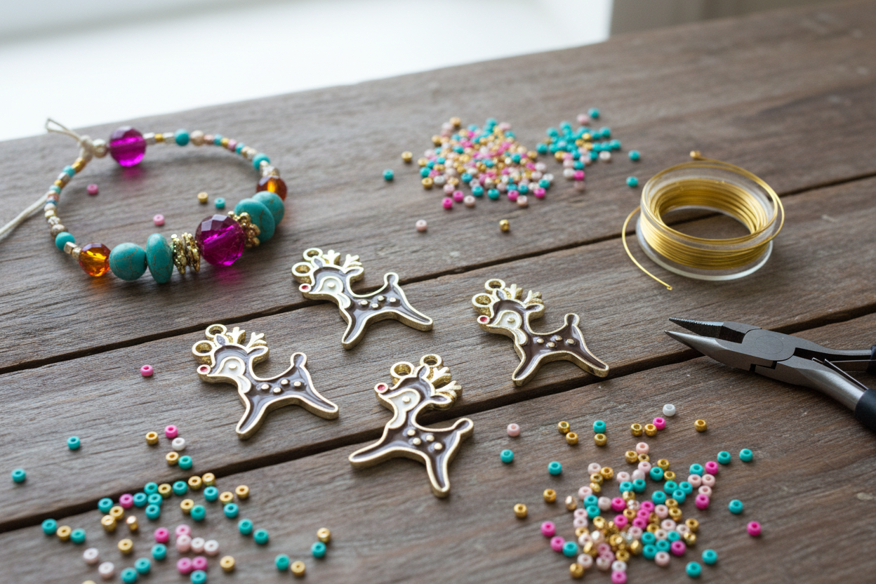 Four brown enamel reindeer charms arranged on a rustic wooden table alongside craft supplies, including a beaded bracelet, loose multicolor beads, a spool of gold wire, and pliers.
