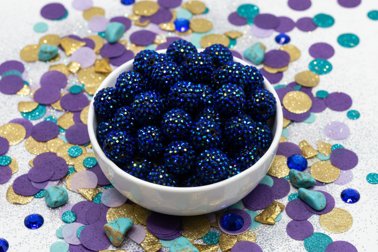 A white bowl filled with metallic blue rhinestone beads, surrounded by scattered purple, gold, and teal confetti on a light background.