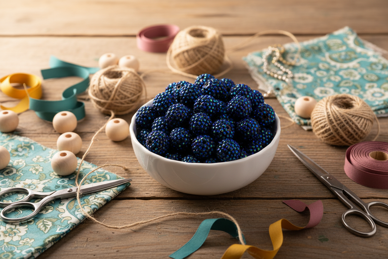 A white bowl filled with metallic blue rhinestone beads on a rustic wooden table, surrounded by crafting supplies including scissors, spools of twine, beads, ribbon, and patterned fabric.